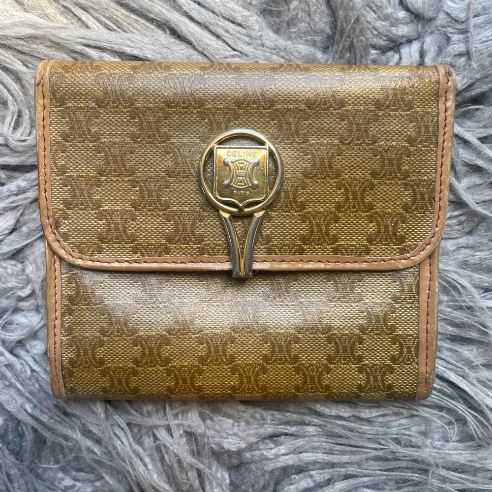 Celine Monogram Compact Wallet with Gold-Tone Money Clip Closure